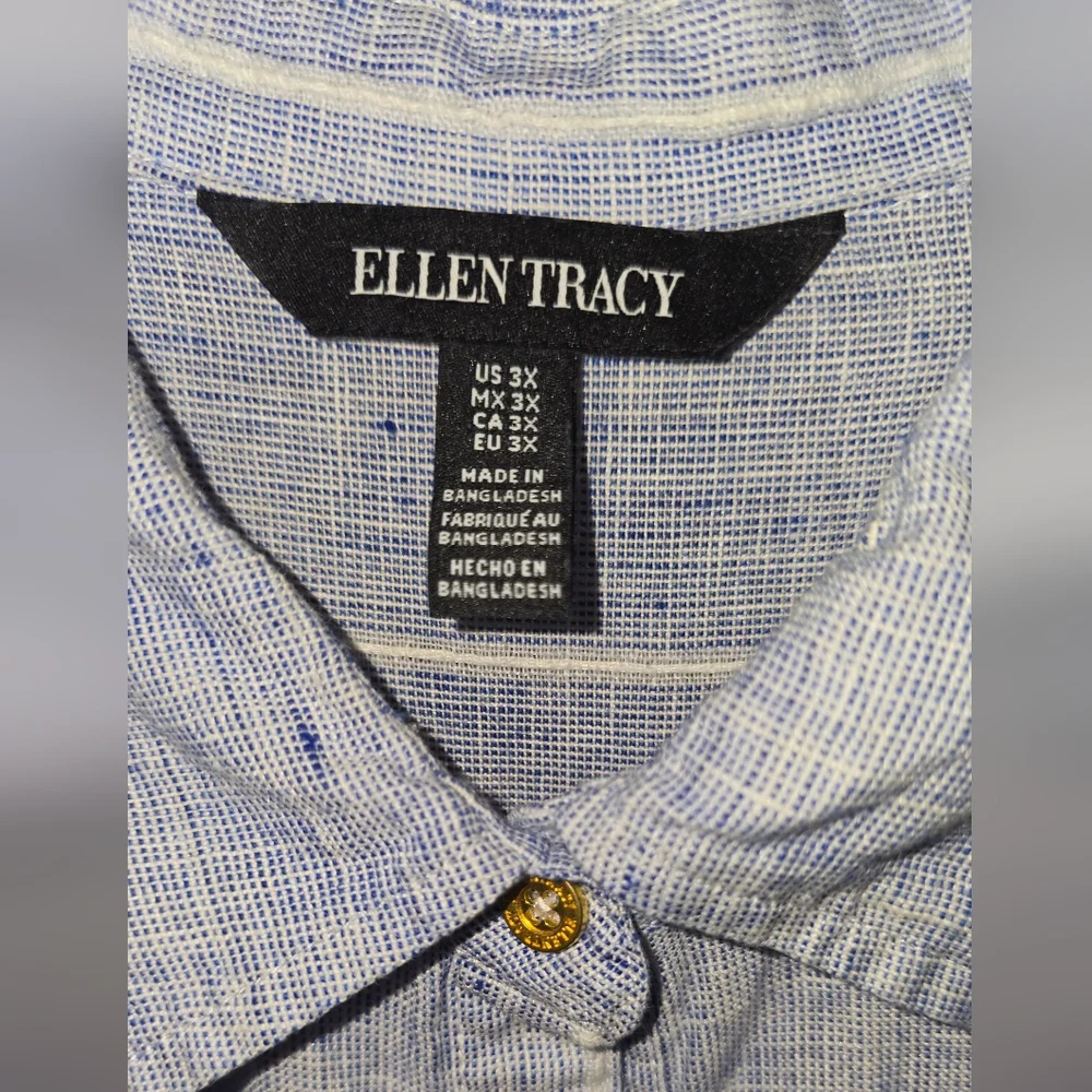 Ellen Tracy White and Blue 100% Linen Striped Shirt 3X - Picture 3 of 7